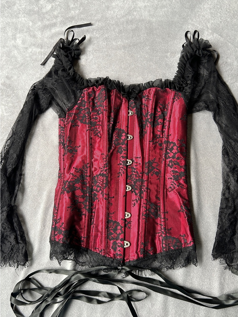 Corset red black lace satin gothic style black lace back ruffle Sz Xs